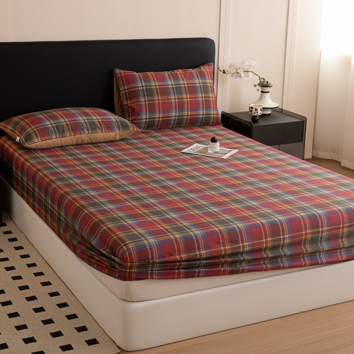 91家纺网 家纺一手货源 找家纺 女子家纺 2026新款40支13070全棉简约格子系列A版床笠 英伦-炽焰红