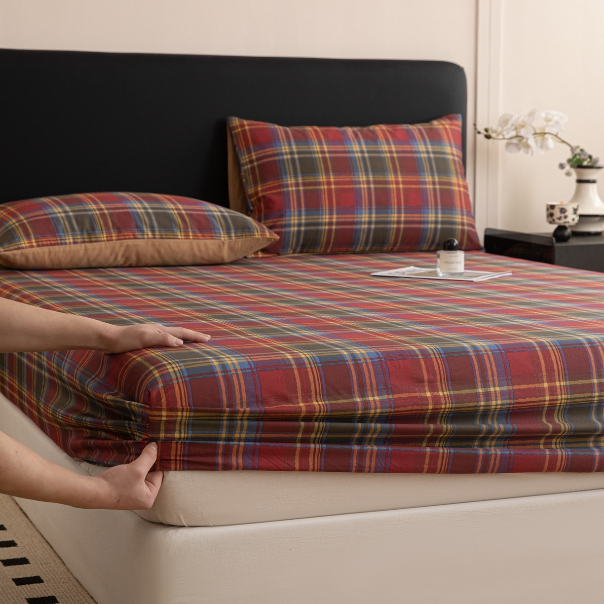 91家纺网 家纺一手货源 找家纺 女子家纺 2026新款40支13070全棉简约格子系列A版床笠 英伦-炽焰红