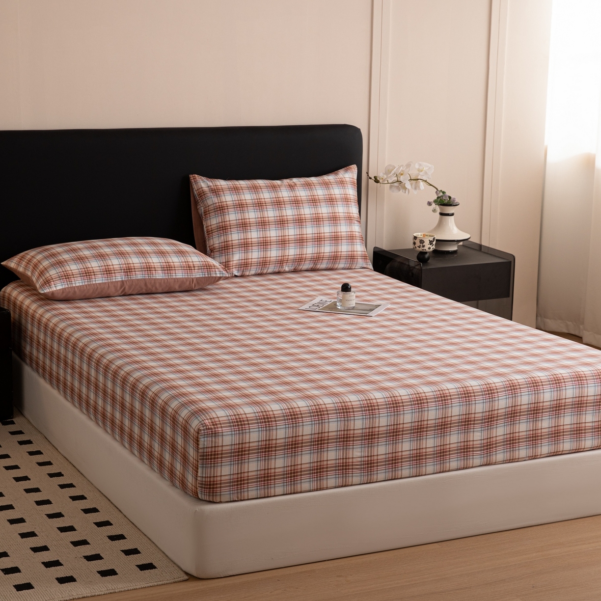 91家纺网 家纺一手货源 找家纺 女子家纺 2026新款40支13070全棉简约格子系列A版床笠 英伦-焦糖