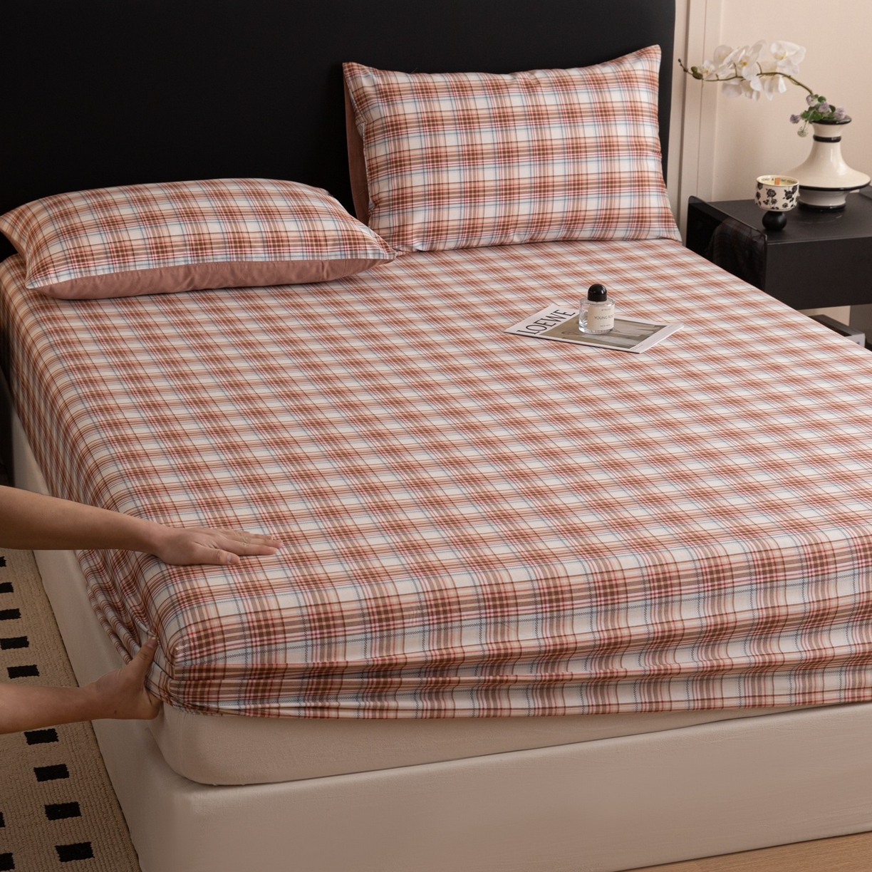 女子家纺 2026新款40支13070全棉简约格子系列A版床笠 英伦-焦糖