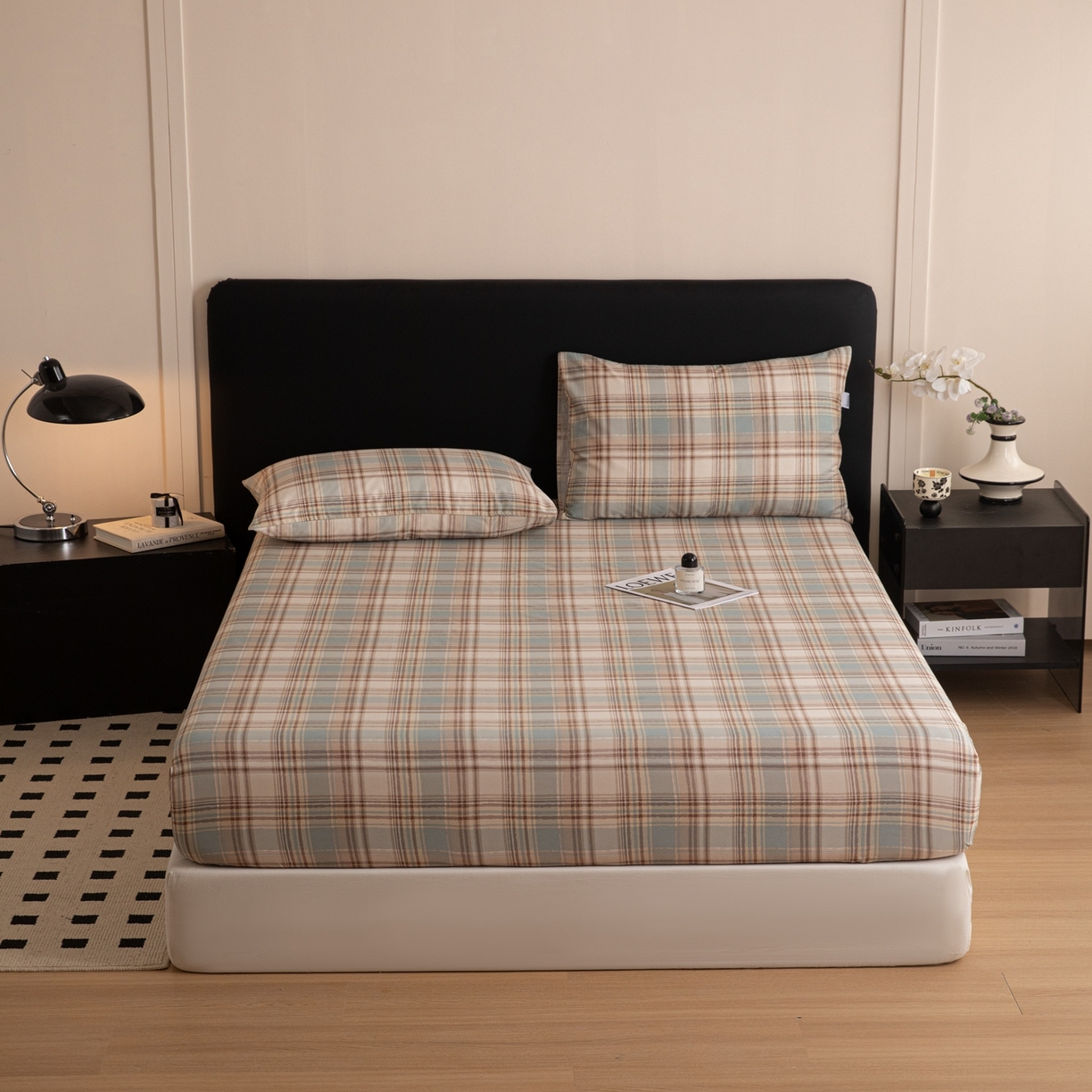 91家纺网 家纺一手货源 找家纺 女子家纺 2026新款40支13070全棉简约格子系列A版床笠 英伦-蓝咖