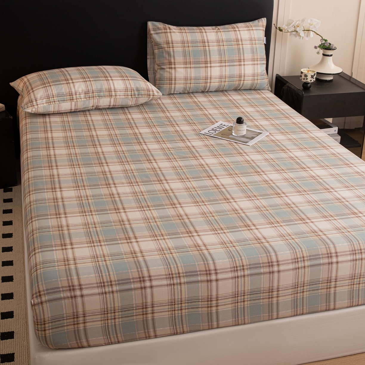 91家纺网 家纺一手货源 找家纺 女子家纺 2026新款40支13070全棉简约格子系列A版床笠 英伦-蓝咖