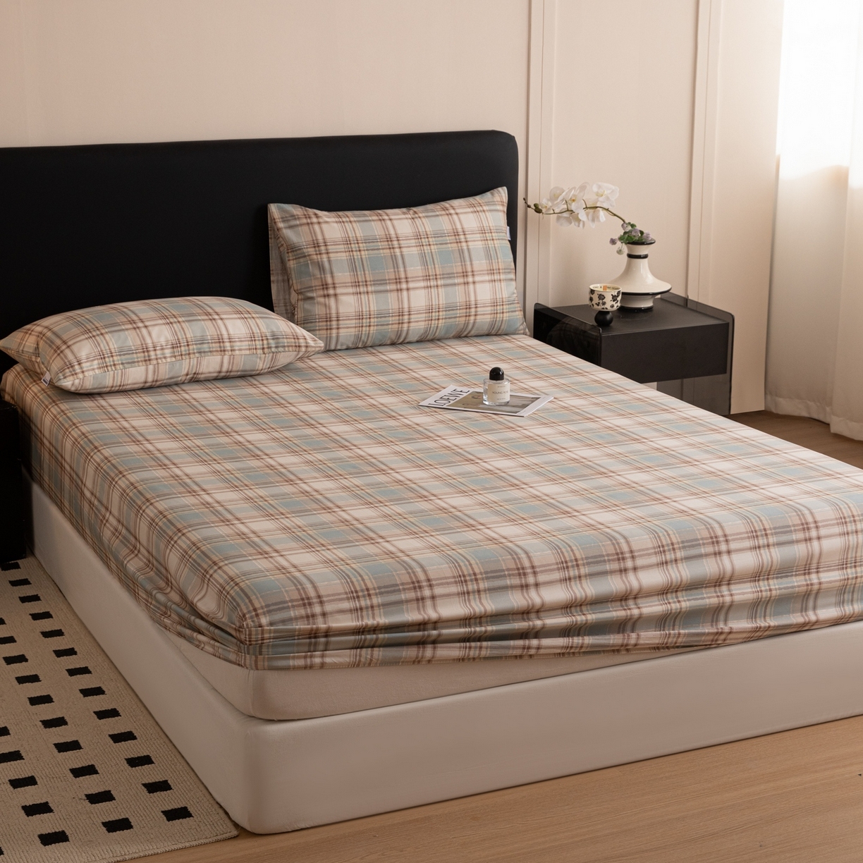 91家纺网 家纺一手货源 找家纺 女子家纺 2026新款40支13070全棉简约格子系列A版床笠 英伦-蓝咖