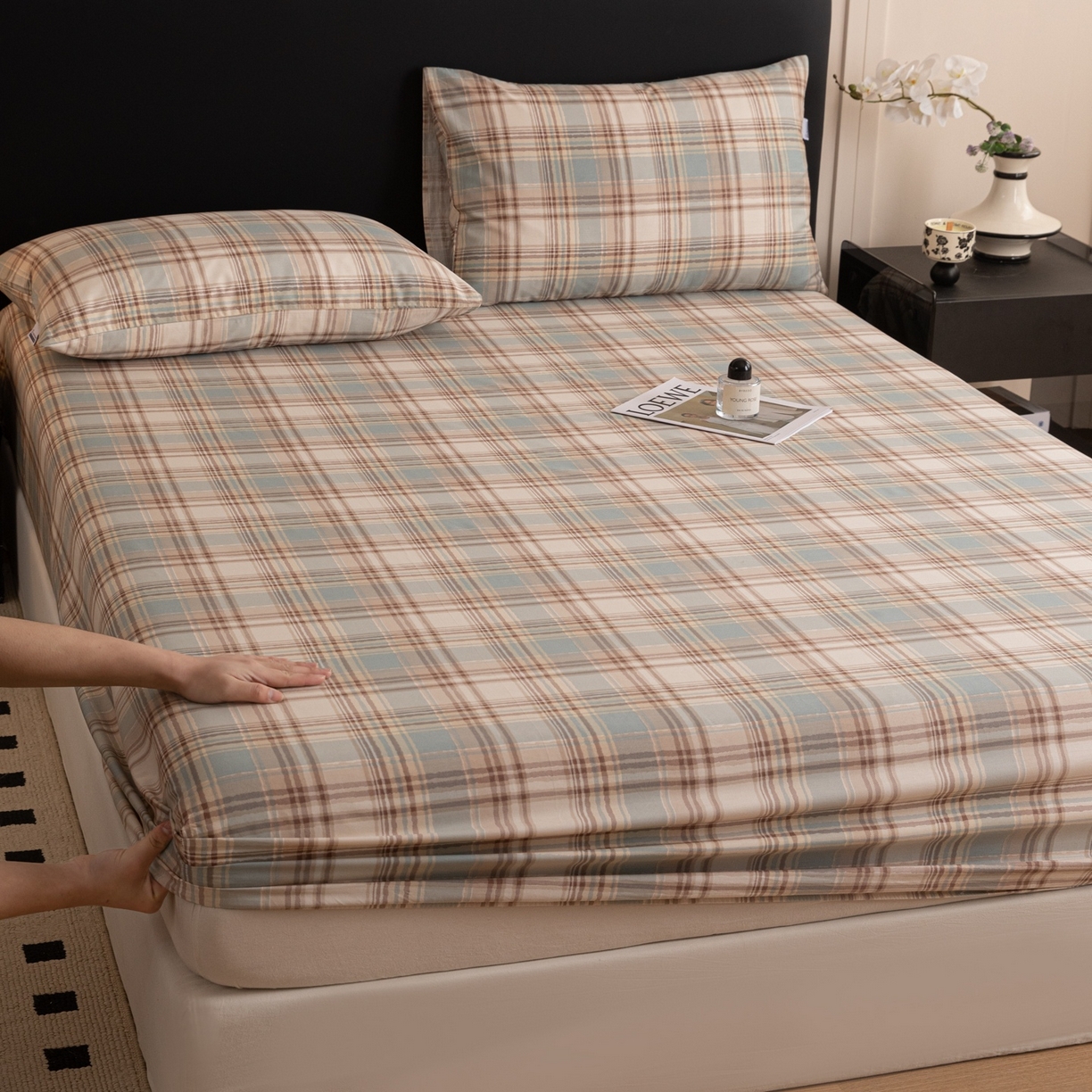 女子家纺 2026新款40支13070全棉简约格子系列A版床笠 英伦-蓝咖