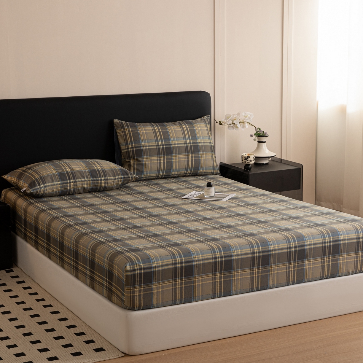 91家纺网 家纺一手货源 找家纺 女子家纺 2026新款40支13070全棉简约格子系列A版床笠 英伦-青澜