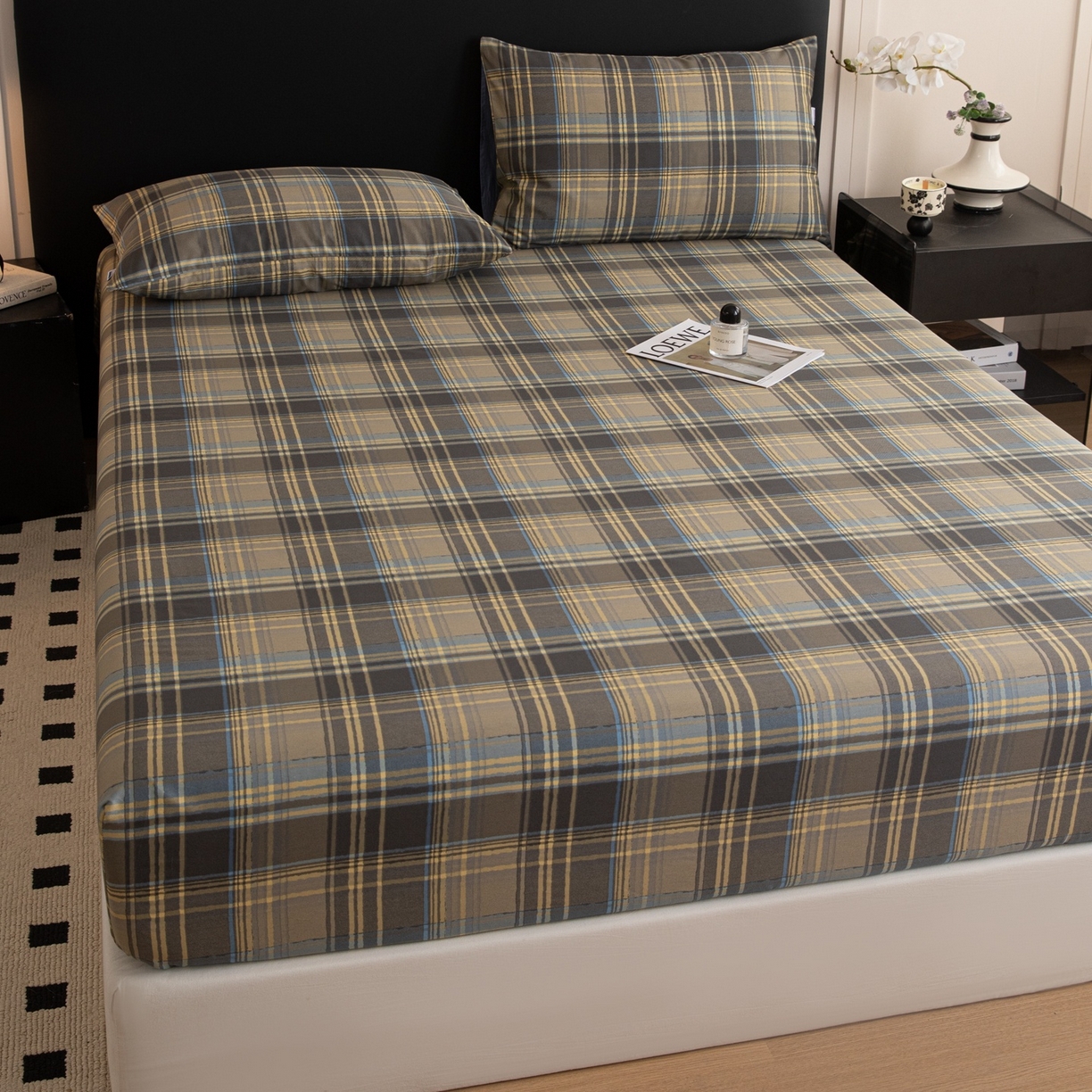 91家纺网 家纺一手货源 找家纺 女子家纺 2026新款40支13070全棉简约格子系列A版床笠 英伦-青澜