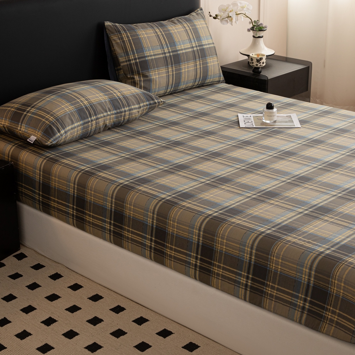 91家纺网 家纺一手货源 找家纺 女子家纺 2026新款40支13070全棉简约格子系列A版床笠 英伦-青澜