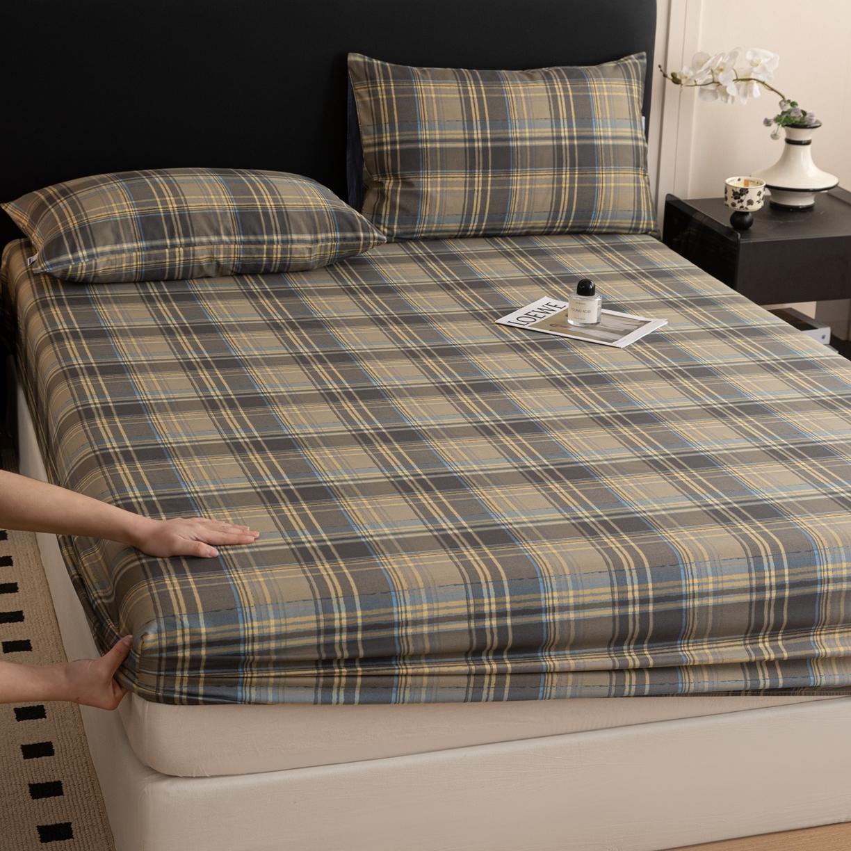 女子家纺 2026新款40支13070全棉简约格子系列A版床笠 英伦-青澜