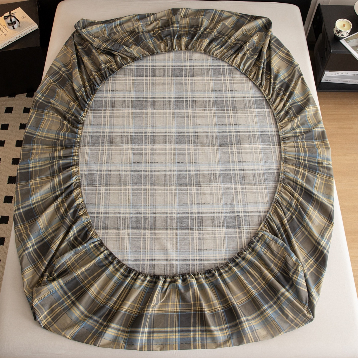 91家纺网 家纺一手货源 找家纺 女子家纺 2026新款40支13070全棉简约格子系列A版床笠 英伦-青澜