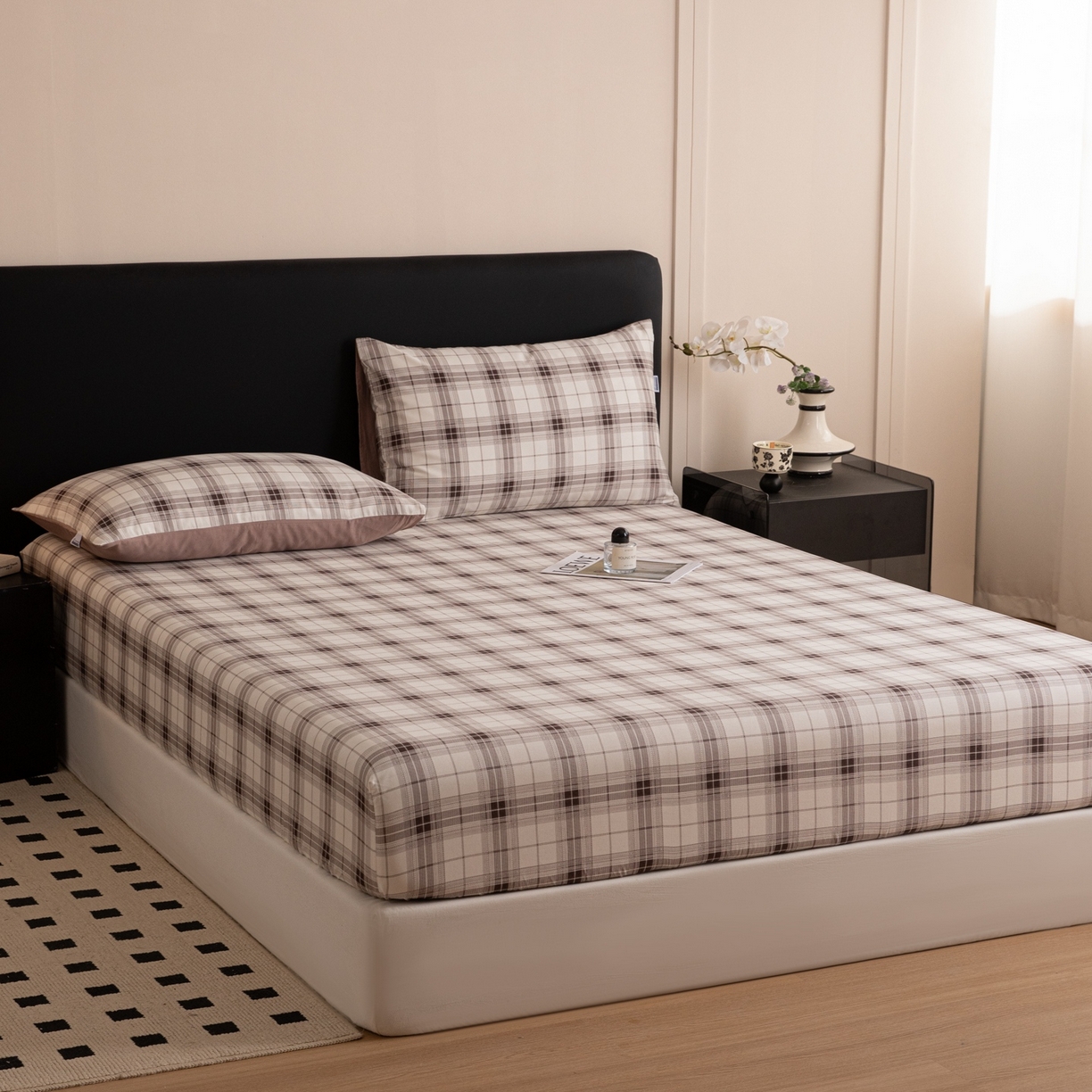 91家纺网 家纺一手货源 找家纺 女子家纺 2026新款40支13070全棉简约格子系列A版床笠 英伦-棕咖