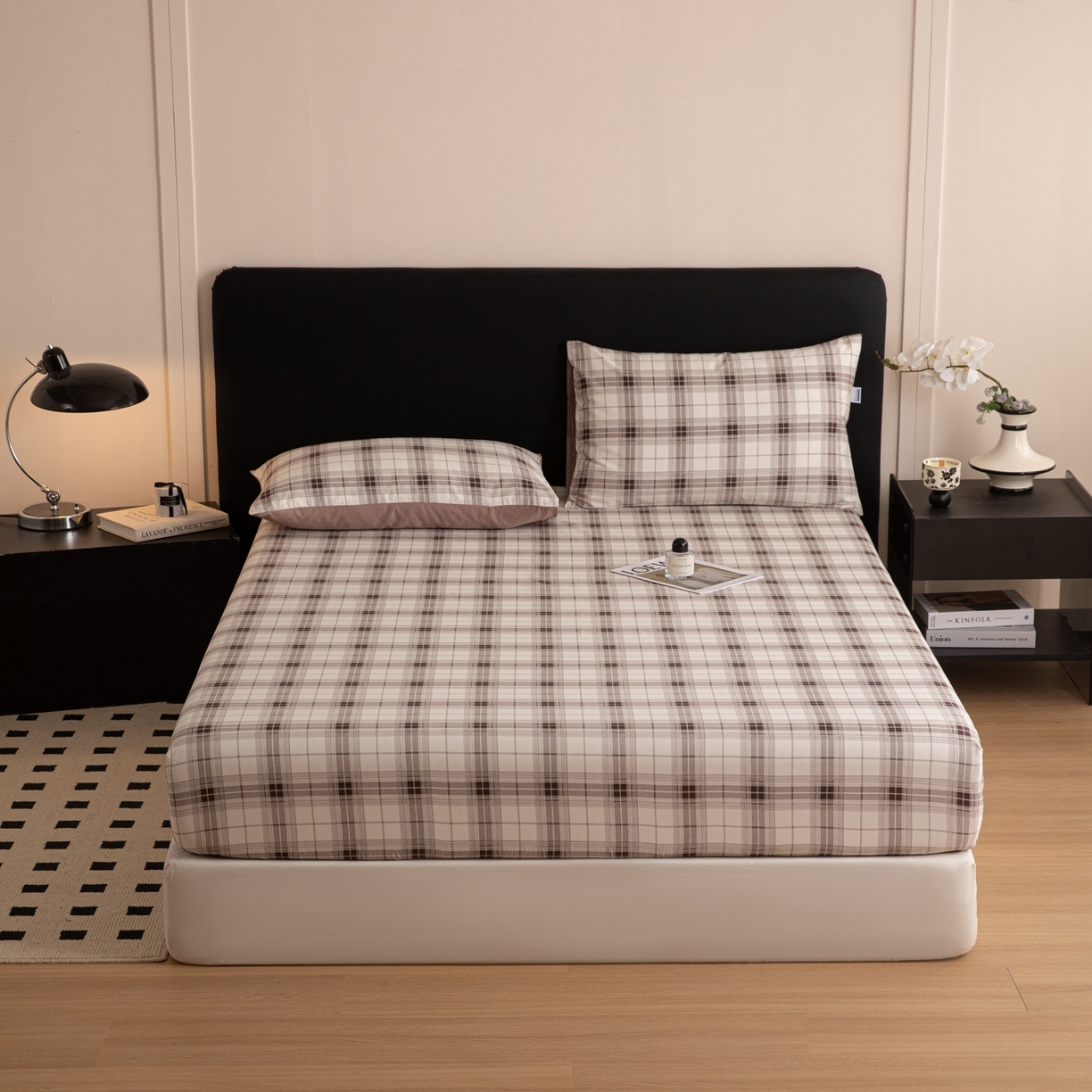 91家纺网 家纺一手货源 找家纺 女子家纺 2026新款40支13070全棉简约格子系列A版床笠 英伦-棕咖