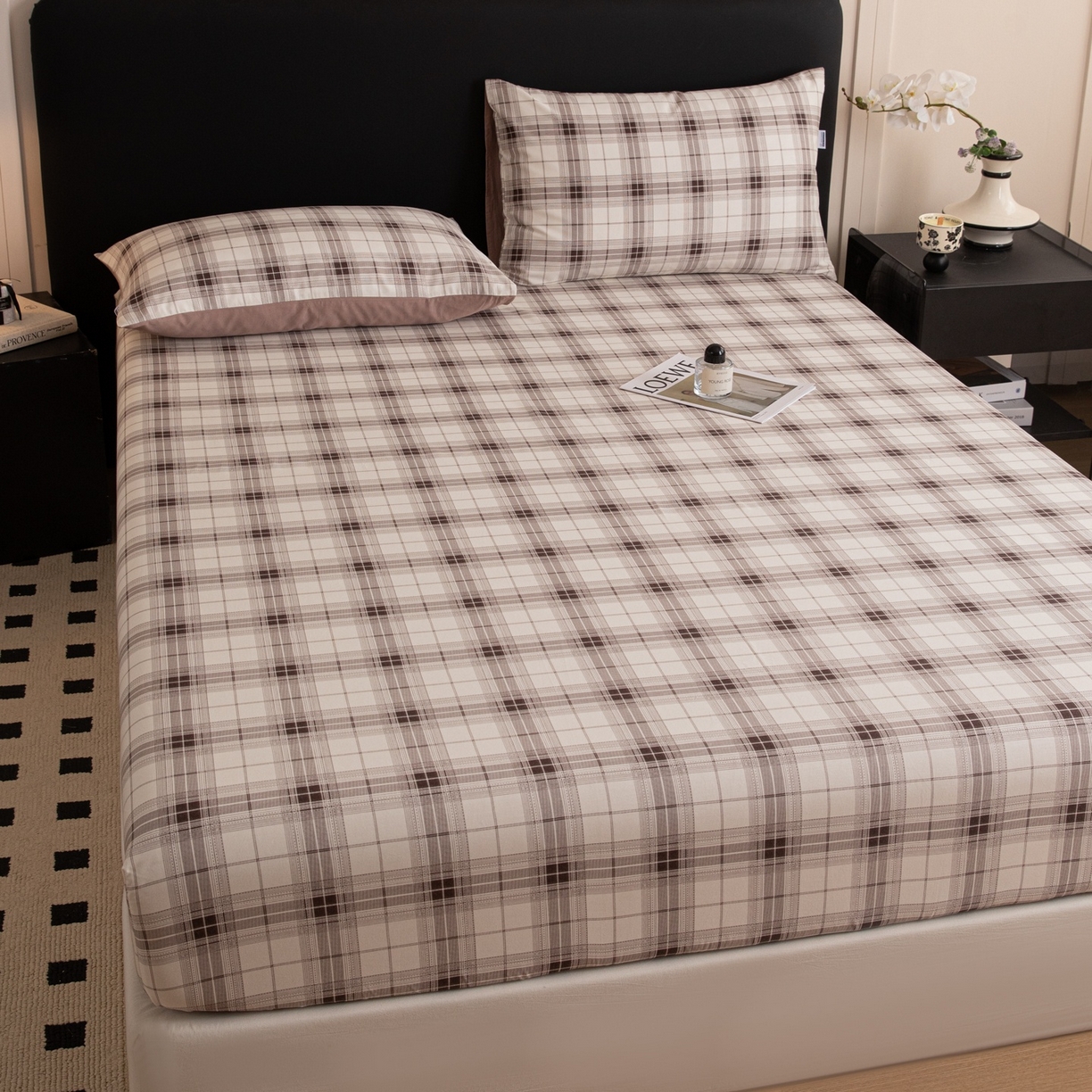 91家纺网 家纺一手货源 找家纺 女子家纺 2026新款40支13070全棉简约格子系列A版床笠 英伦-棕咖