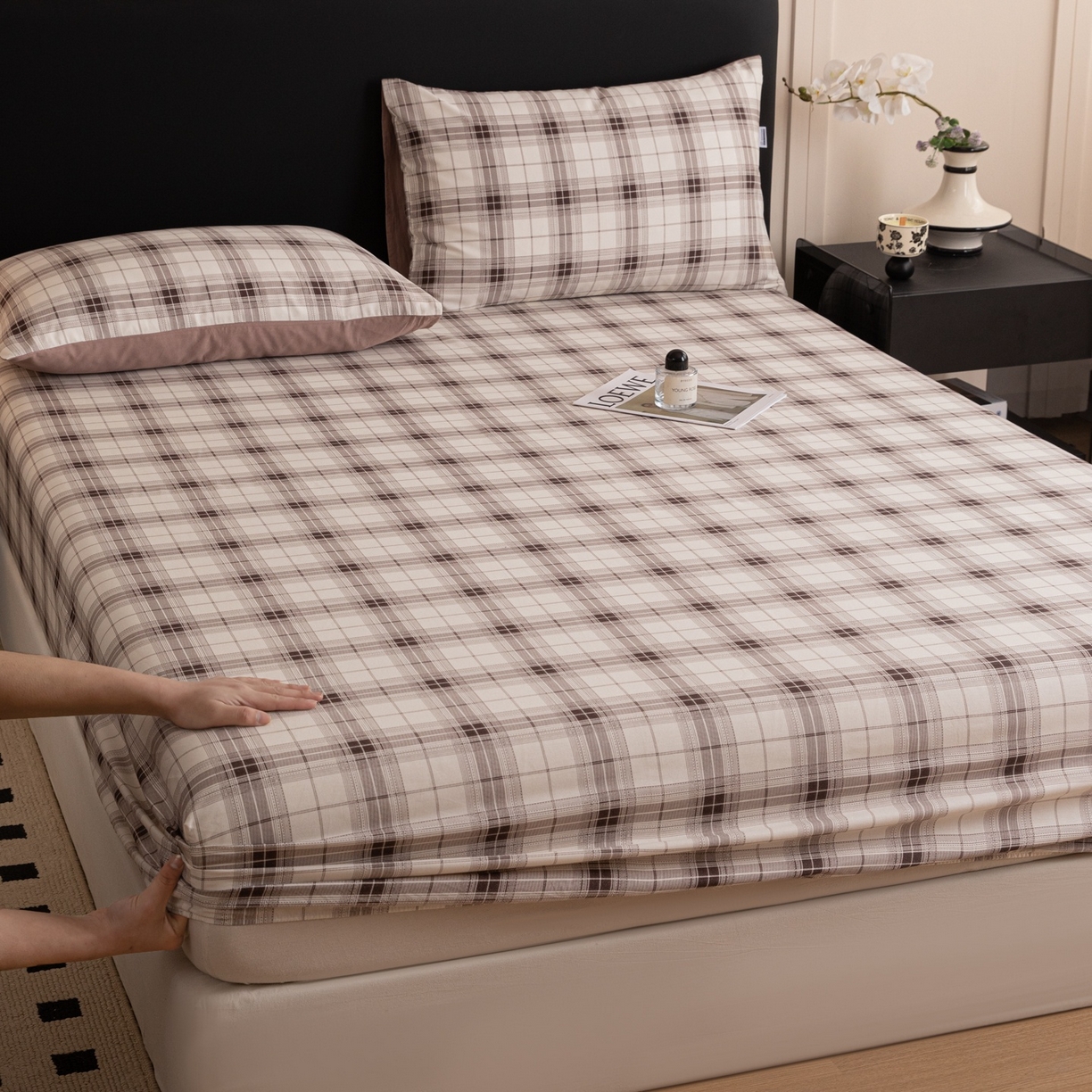 女子家纺 2026新款40支13070全棉简约格子系列A版床笠 英伦-棕咖