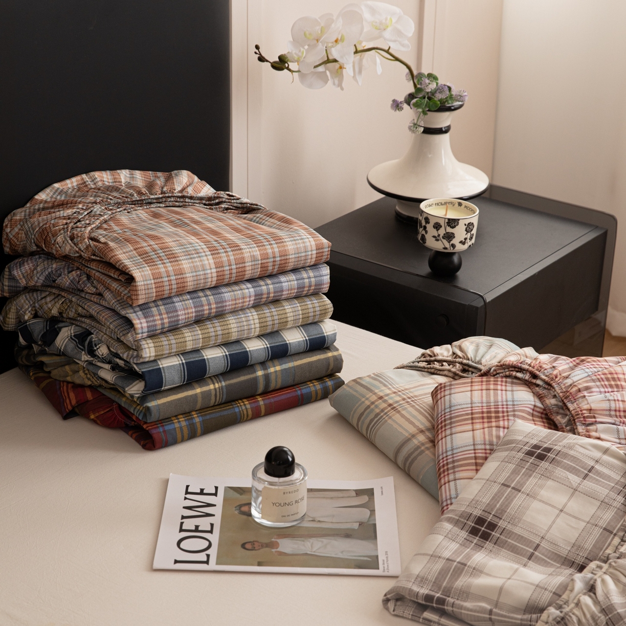 91家纺网 家纺一手货源 找家纺 女子家纺 2026新款40支13070全棉简约格子系列A版床笠 组合（仅参考）