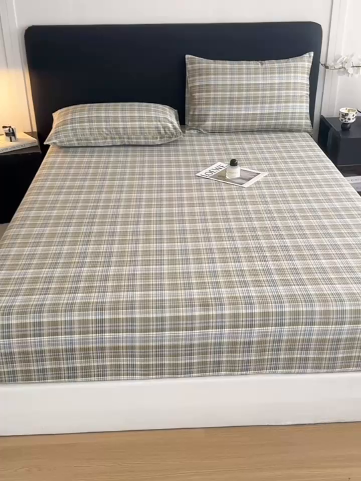 91家纺网 家纺一手货源 找家纺 女子家纺 2026新款40支13070全棉简约格子系列A版床笠 英伦-蓝咖