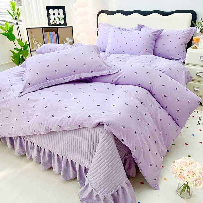 91家纺网 家纺一手货源 找家纺 九诺家纺 2026春夏新款丝柔棉皱皱纱床裙四件套双花边工艺床裙 圣代甜喵-粉