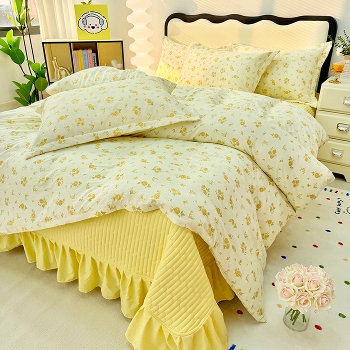 91家纺网 家纺一手货源 找家纺 （总）九诺家纺 2026新款丝柔棉皱皱纱花边床盖四件套