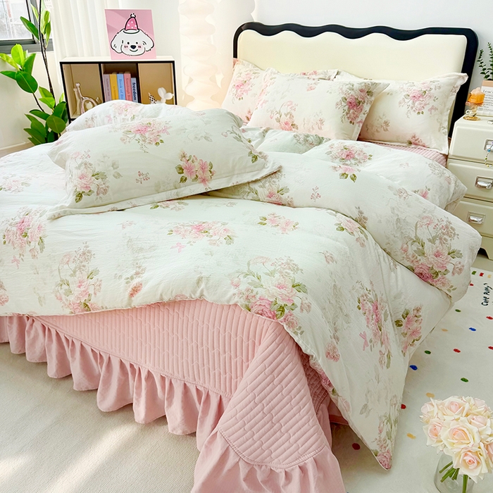 九诺家纺 2026新款丝柔棉皱皱纱花边床盖四件套 米娅-花谷