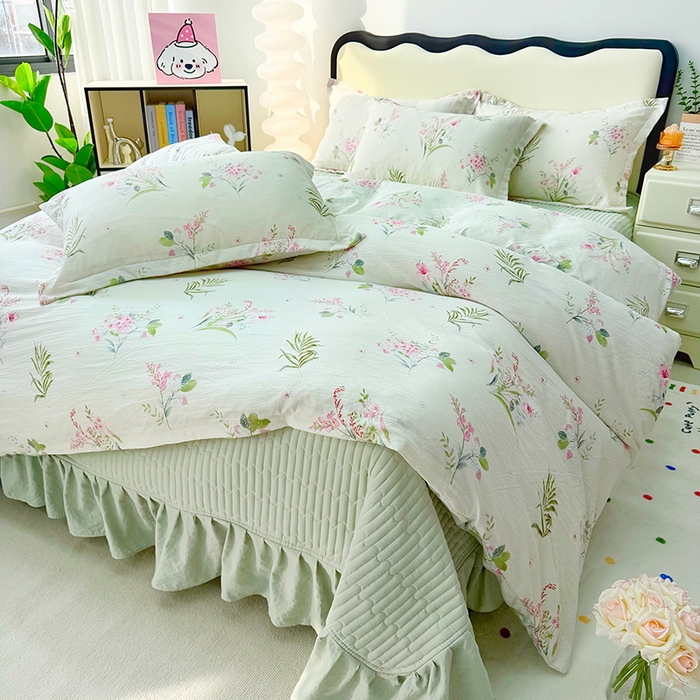 九诺家纺 2026新款丝柔棉皱皱纱花边床盖四件套 米娅-春意安然