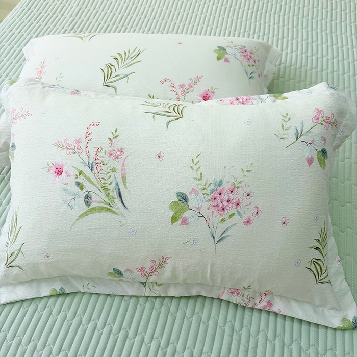 91家纺网 家纺一手货源 找家纺 九诺家纺 2026新款丝柔棉皱皱纱花边床盖四件套 米娅-春意安然