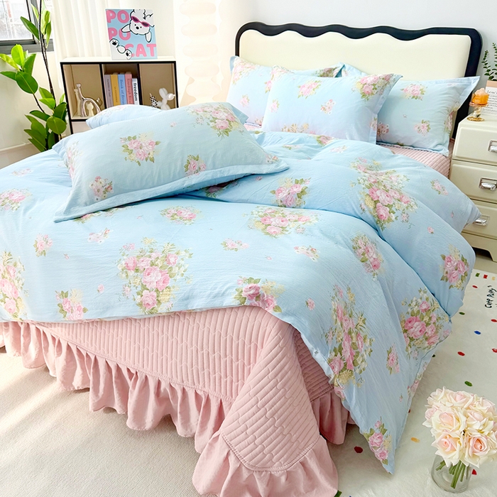 九诺家纺 2026新款丝柔棉皱皱纱花边床盖四件套 米娅-花语时光