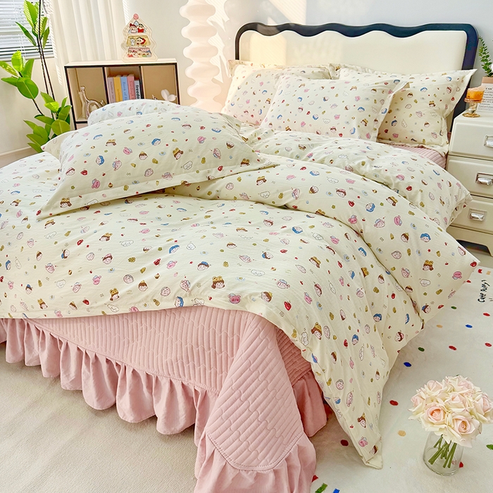 九诺家纺 2026新款丝柔棉皱皱纱花边床盖四件套 米娅-快乐伙伴