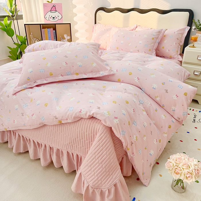 九诺家纺 2026新款丝柔棉皱皱纱花边床盖四件套 米娅-圣代甜猫粉