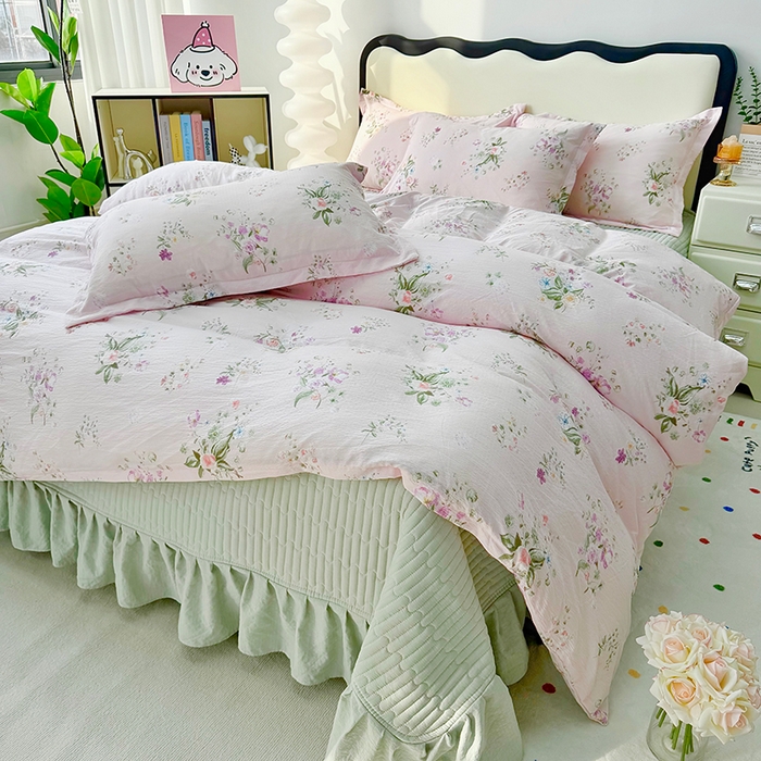 九诺家纺 2026新款丝柔棉皱皱纱花边床盖四件套 米娅-紫薇花