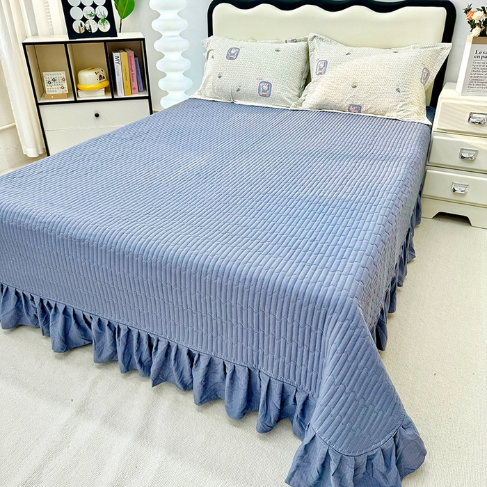 91家纺网 家纺一手货源 找家纺 九诺家纺 2026新款丝柔棉皱皱纱花边床盖四件套 米娅-甜酷猫咪