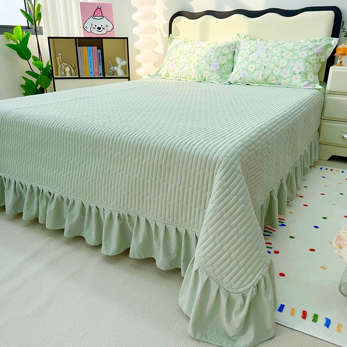 91家纺网 家纺一手货源 找家纺 九诺家纺 2026新款丝柔棉皱皱纱花边床盖四件套 米娅-海岛青春