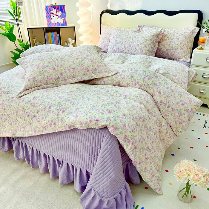 九诺家纺 2026新款丝柔棉皱皱纱花边床盖四件套 米娅-蔷薇语