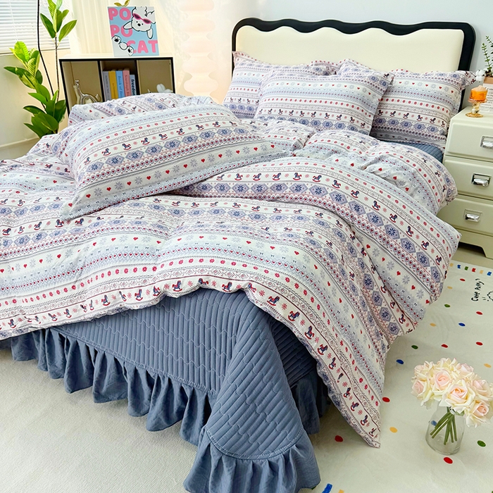 九诺家纺 2026新款丝柔棉皱皱纱花边床盖四件套 米娅-马上有福