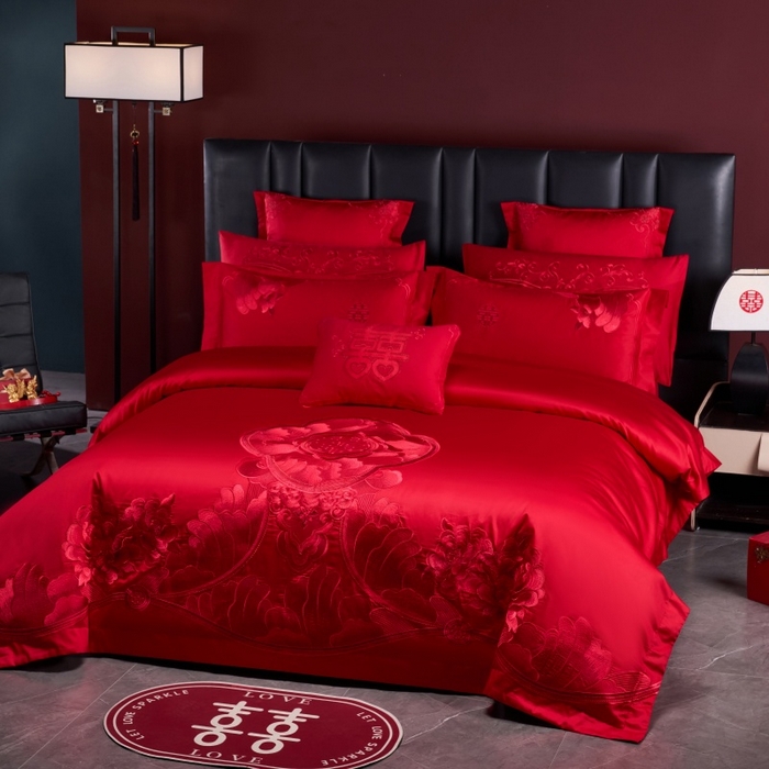 91家纺网 家纺一手货源 找家纺 博之洋婚庆 2026新款全棉长绒棉刺绣婚庆四件套多件套 国色天香