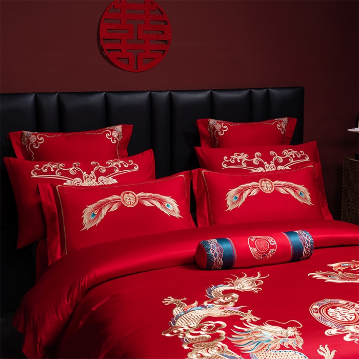 91家纺网 家纺一手货源 找家纺 博之洋婚庆 2026新款全棉长绒棉刺绣婚庆四件套多件套 龙凤传承