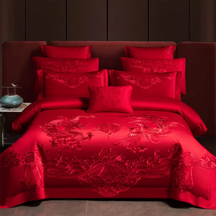 91家纺网 家纺一手货源 找家纺 博之洋婚庆 2026新款全棉长绒棉刺绣婚庆四件套多件套 九五至尊-红