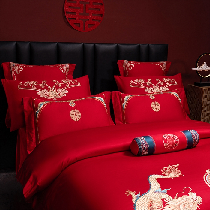 91家纺网 家纺一手货源 找家纺 博之洋婚庆 2026新款全棉长绒棉刺绣婚庆四件套多件套 龙凤传奇