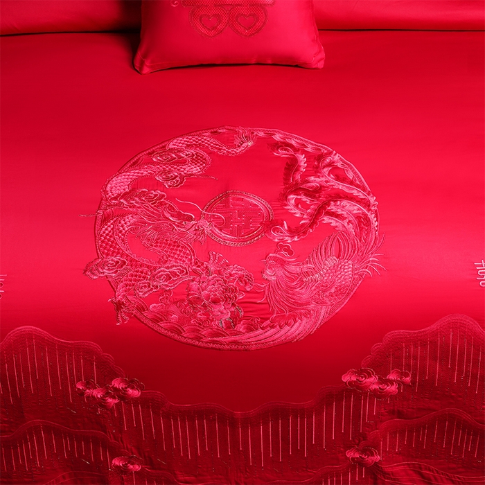 91家纺网 家纺一手货源 找家纺 博之洋婚庆 2026新款全棉长绒棉刺绣婚庆四件套多件套 欢喜龙凤-红