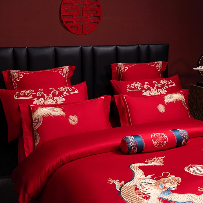 91家纺网 家纺一手货源 找家纺 博之洋婚庆 2026新款全棉长绒棉刺绣婚庆四件套多件套 龙凤之恋