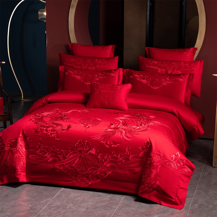 91家纺网 家纺一手货源 找家纺 博之洋婚庆 2026新款全棉长绒棉刺绣婚庆四件套多件套 九五至尊-红