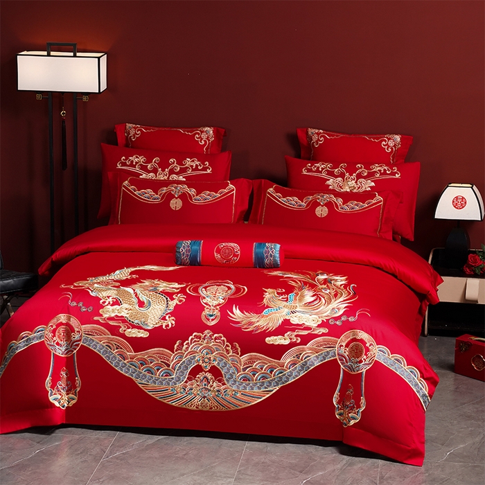 91家纺网 家纺一手货源 找家纺 博之洋婚庆 2026新款全棉长绒棉刺绣婚庆四件套多件套 龙凤百年