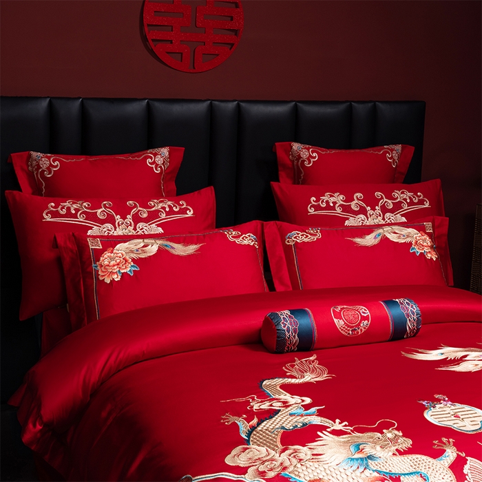 91家纺网 家纺一手货源 找家纺 博之洋婚庆 2026新款全棉长绒棉刺绣婚庆四件套多件套 龙凤喜韵