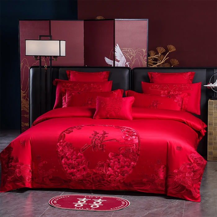 91家纺网 家纺一手货源 找家纺 博之洋婚庆 2026新款全棉长绒棉刺绣婚庆四件套多件套 国色芳华