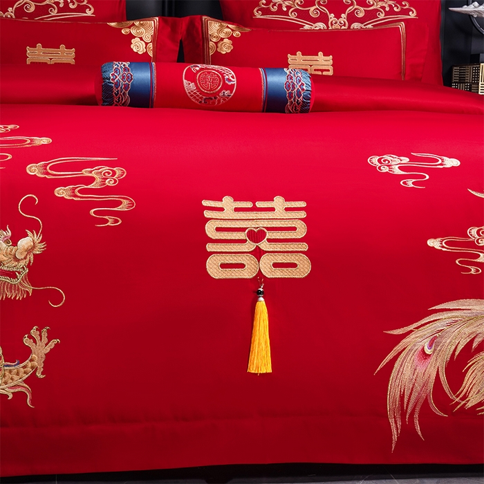91家纺网 家纺一手货源 找家纺 博之洋婚庆 2026新款全棉长绒棉刺绣婚庆四件套多件套 喜迎龙凤-金