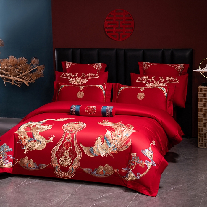 91家纺网 家纺一手货源 找家纺 博之洋婚庆 2026新款全棉长绒棉刺绣婚庆四件套多件套 龙凤传奇