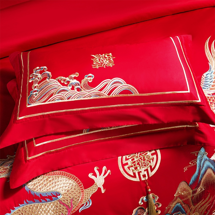 91家纺网 家纺一手货源 找家纺 博之洋婚庆 2026新款全棉长绒棉刺绣婚庆四件套多件套 龙凤王朝