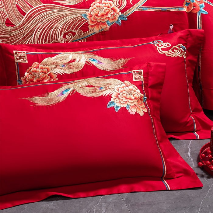 91家纺网 家纺一手货源 找家纺 博之洋婚庆 2026新款全棉长绒棉刺绣婚庆四件套多件套 龙凤喜韵