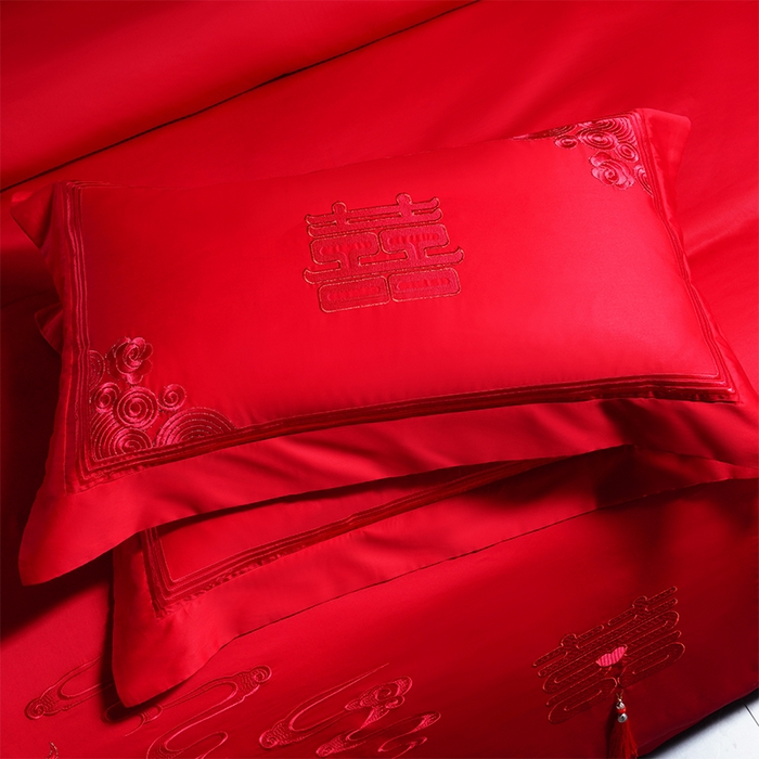 91家纺网 家纺一手货源 找家纺 博之洋婚庆 2026新款全棉长绒棉刺绣婚庆四件套多件套 喜迎龙凤-红