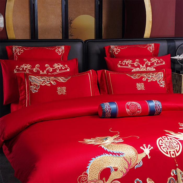 91家纺网 家纺一手货源 找家纺 博之洋婚庆 2026新款全棉长绒棉刺绣婚庆四件套多件套 龙凤王朝