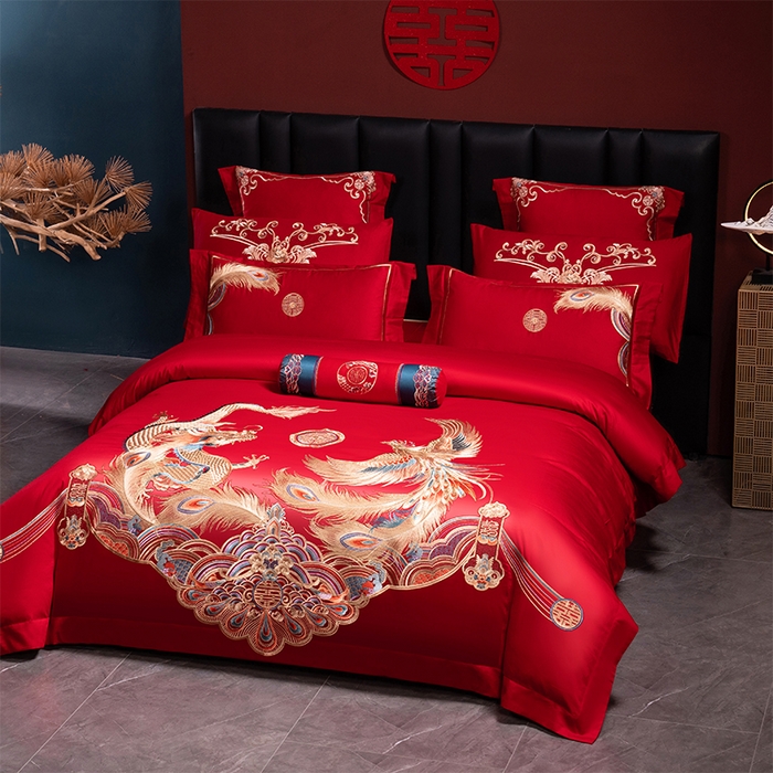 91家纺网 家纺一手货源 找家纺 博之洋婚庆 2026新款全棉长绒棉刺绣婚庆四件套多件套 龙凤之恋