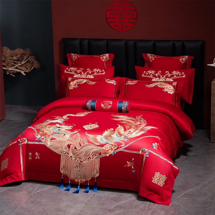 91家纺网 家纺一手货源 找家纺 博之洋婚庆 2026新款全棉长绒棉刺绣婚庆四件套多件套 龙凤喜韵